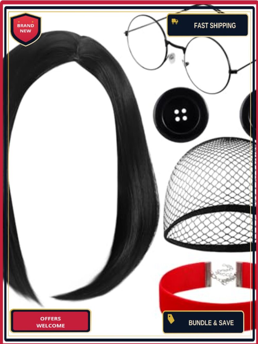 Adult Halloween Costume Accessory Set Wig Glasses Button Eyes Collar